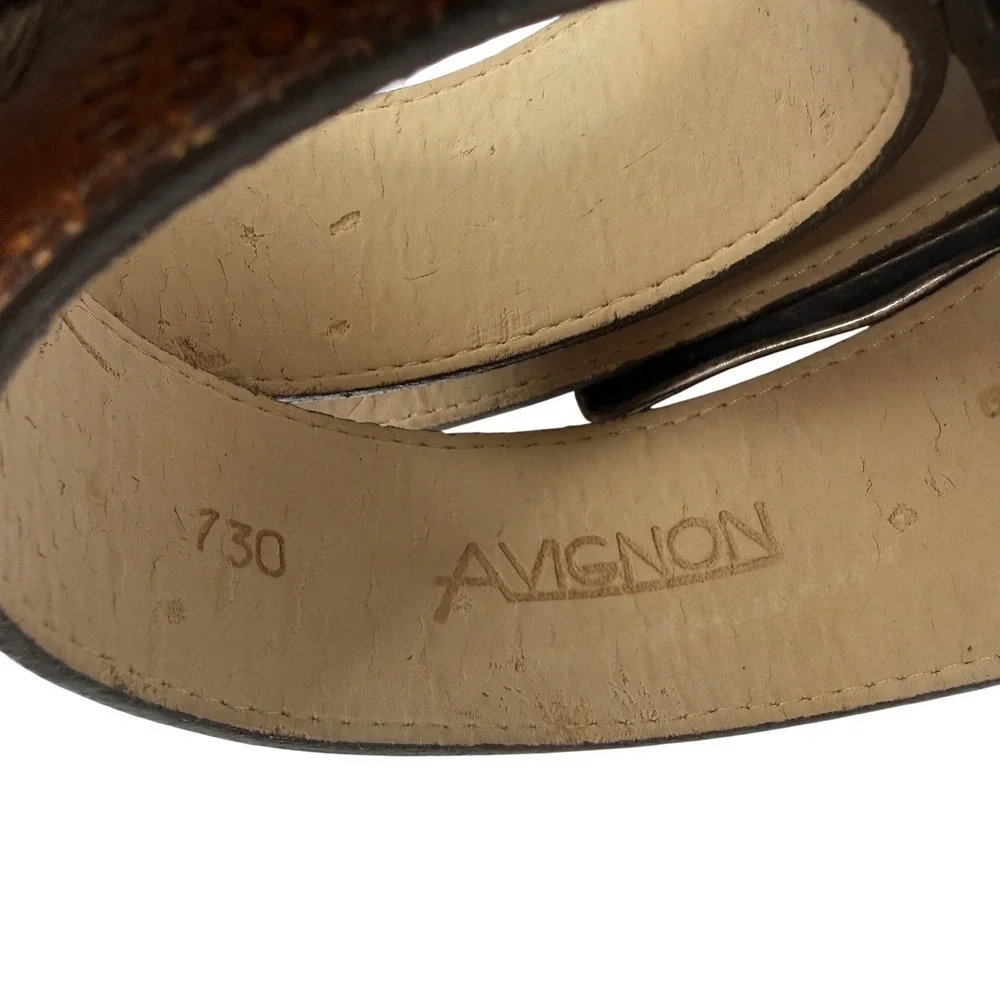 Avignon Belt Women L Brown Leather Floral Embossed Western Silver Tone Buckle